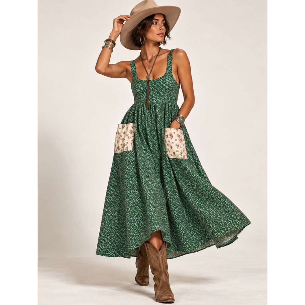 Vintage Green Floral Cottagecore Sundress with Contrast Rose Pockets Made in USA